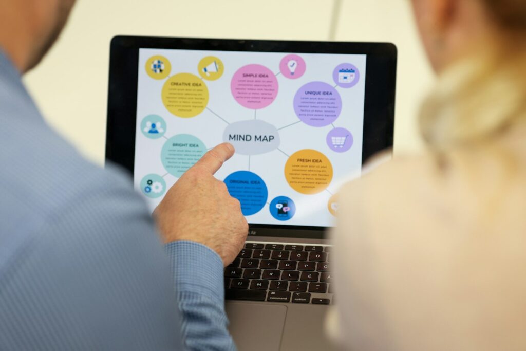 Personas revisando un mapa mental en la pantalla de un portátil